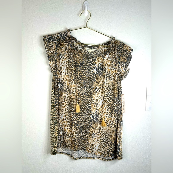 Indigo Rose Plus Size 2X Leopard Print Blouse Boho Tassel Tie Flutter Sleeve Top - Picture 2 of 6